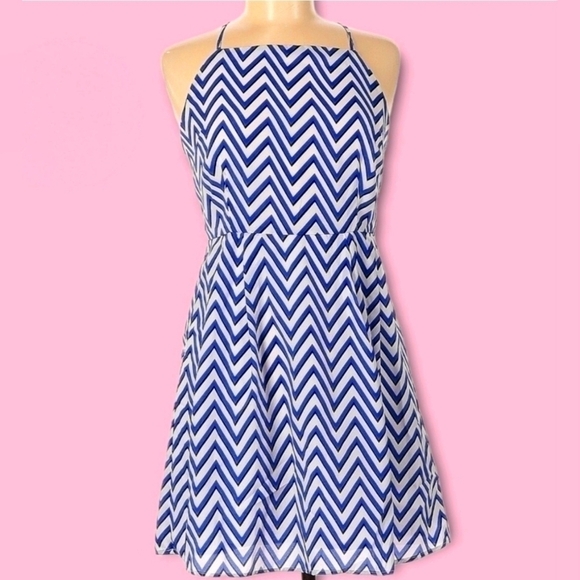 Y2K Retro Blue White Chevron Print High Neck Tank Mini Fit and Flare Dress Sz M - Picture 1 of 5